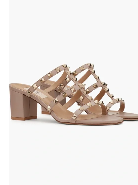 Valentino Garavani Rockstud Slide Blush Pink Rockstud Triple-Strap Flat Sandals - Picture 1 of 8